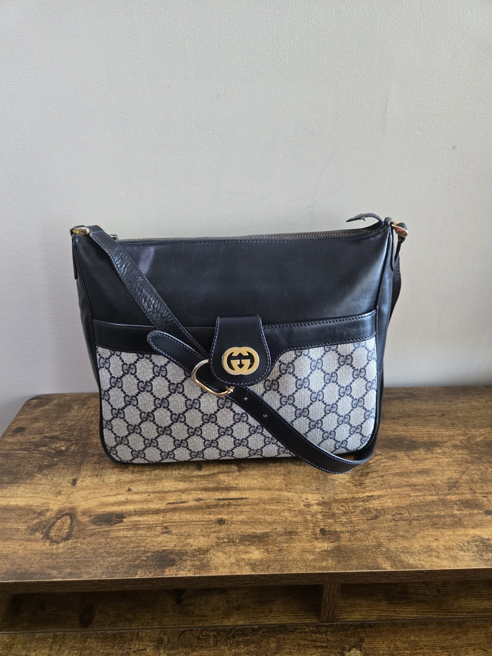 Gucci Vintage Black and Monogram Canvas Shoulder Bag